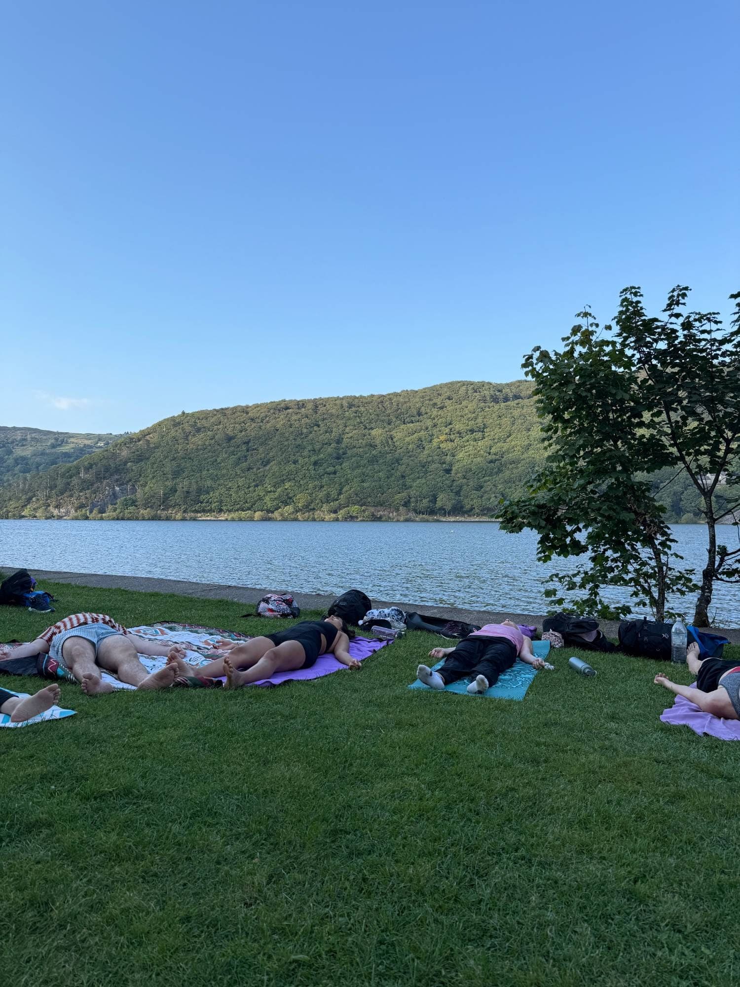 People resting on yoga mats on the grass beside a lake at the end of a practice.