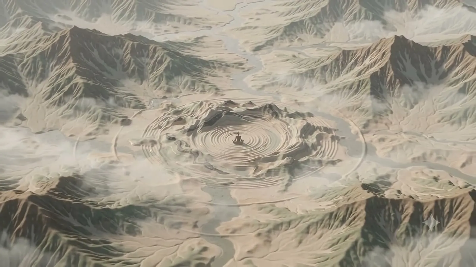 Concentric rings in sand spreading across mountain ranges around a seated meditator