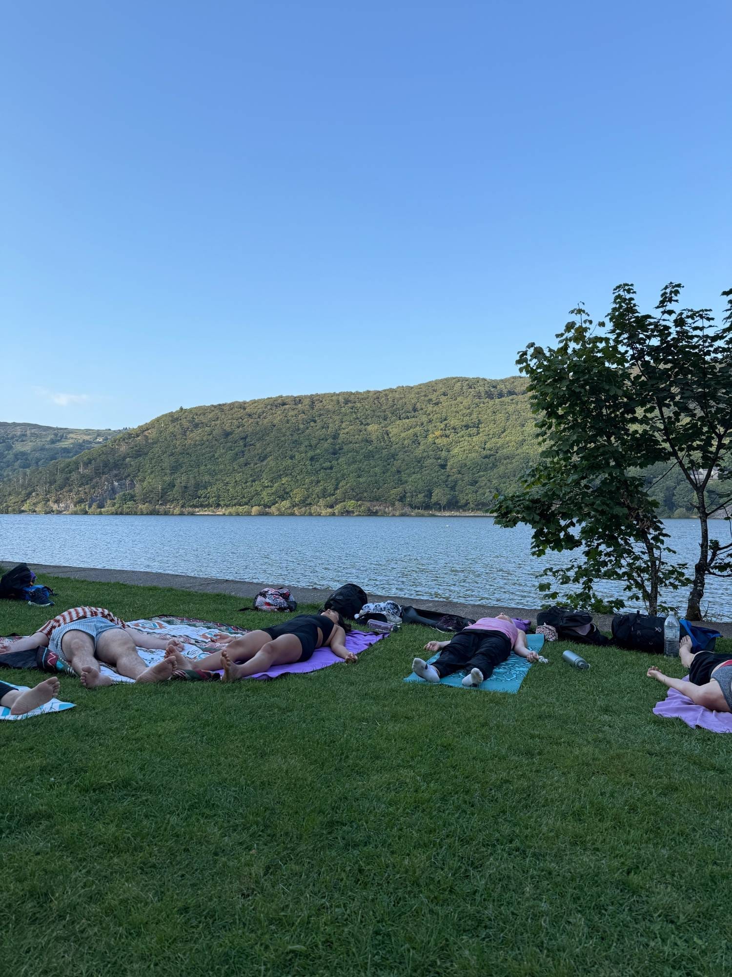 People resting on yoga mats on the grass beside the lake at the end of a practice