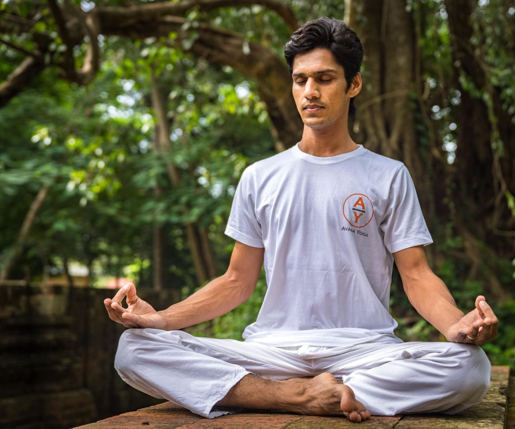 Yogi Madhav in seated meditation beneath trees, wearing an Avana Yoga shirt