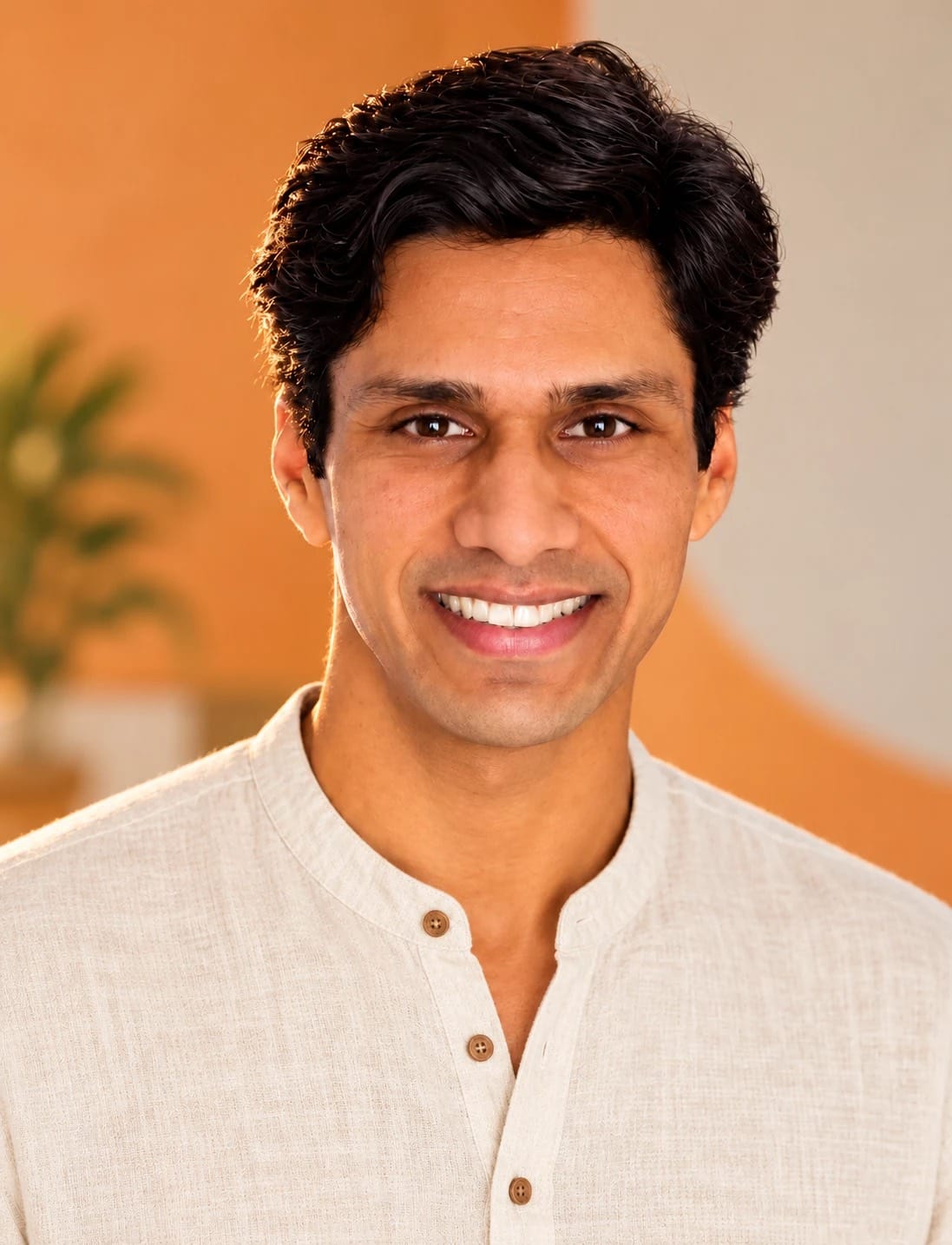 Yogi Madhav smiling, in a cream linen shirt against a warm orange wall